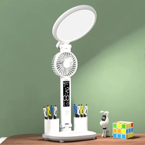 Lampe de bureau LED horloge, lampe de table dimmable, lampe ventilateur LED plug-in, lampe d'étude pliable pour la protection des yeux (1/5)