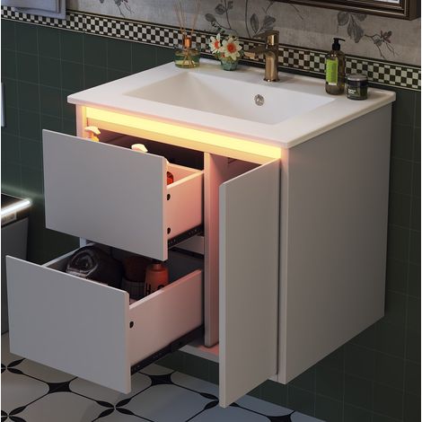Meuble sous-vasque mural 61x46,5x57 cm MDF blanc avec vasque intégrée, gain de place – MEUBLIV (1/5)