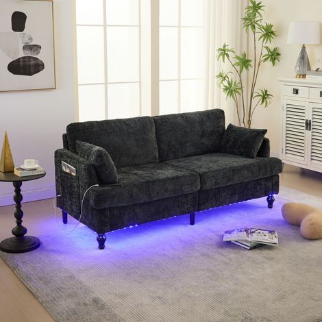 Gerade Sofa 2 Plätze aus Chenille mit USB-Anschluss, Mehrfarbige LED-Beleuchtung, Seitentasche und Holzfüße, Schwarz