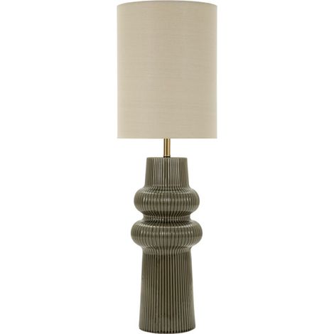 Lampada da Terra Harmony Moderna - Base in Ceramica Verde Salvia, Paralume Beige in Tessuto, Struttura in Ferro - 35x35x112 cm