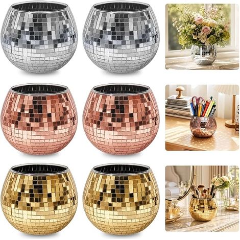 Pot de Fleurs de Boule Disco Jardinière argentée Vase Bureau Salon Décoration Végétale d'intérieur (1/5)