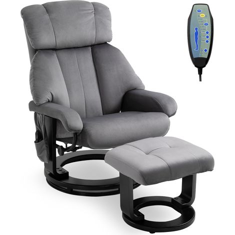 Fauteuil inclinable massage oscillant gris velours avec tabouret, pivotant, allongé, poche latérale
