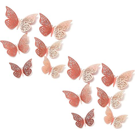 Stickers muraux papillons 3D – Ajourés et repositionnables – 12 pièces en 3 tailles pour chambre, bureau ou salon - Or rose (1/5)