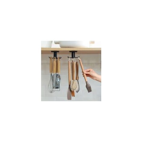 Ganchos para utensilios de cocina bajo el armario, 2 piezas, soporte adhesivo giratorio de 360° sin necesidad de taladrar, colgador para herramientas/toallas/cuchillos (negro) - Crezuo
