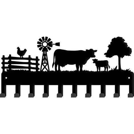 Llavero metálico de pared con diseño de vaca, 10 ganchos, organizador de llaves personalizado para paredes de casas de campo y puertas de entrada. (1/5)