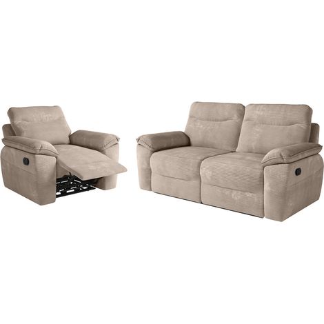PACK - Canapé de relaxation ROSS manuel 3 places et fauteuil en velours côtelé - Taupe (1/5)