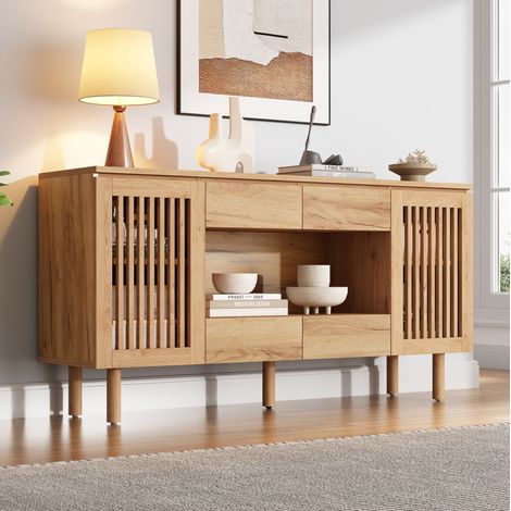 Aparador 140x35x71 cm de MDF y madera natural, 4 cajones, para recibidor – MEUBLIV (1/5)