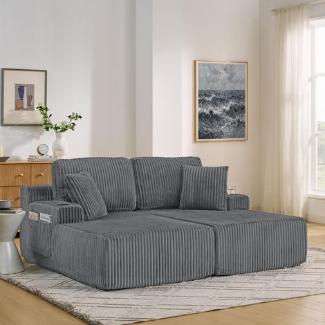 Canapé-lit double inclinable, fauteuil lounge, tissu velours côtelé doux, avec poches latérales pour magazines, porte-gobelets et coussins, convient aux salons, salles de jeux, bureaux, (1/5)
