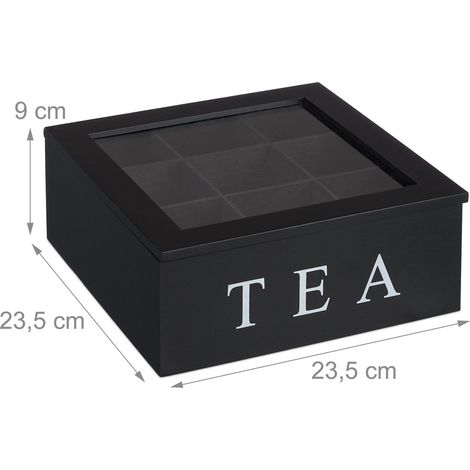 Boîte à thé noire avec fenêtre 9 compartiments pour tri pratique designs épuré en bois noir (1/5)