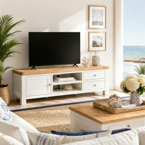 Meuble TV blanc 1 porte 2 tiroirs VELIA (1/5)