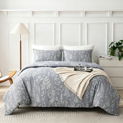 Parure de lit 2 pièces 135 x 200 cm - Gris - Motif floral - Housse de couette moderne en microfibre - Doux pour la peau et douce - Avec fermeture éclair et 1 taie d'oreiller (1/5)