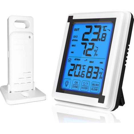Thermomètre Intérieur Extérieur avec 1 Capteur sans fil, Moniteur d'humidité Température avec écran Tactile LCD Baklight pour Bureau à domicile (1 capteur) (1/5)