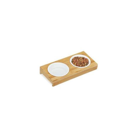 Gamelle double en bambou et céramique pour chats et petits chiens – 2 bols 200 ml – Lave-vaisselle – Anti- (1/5)