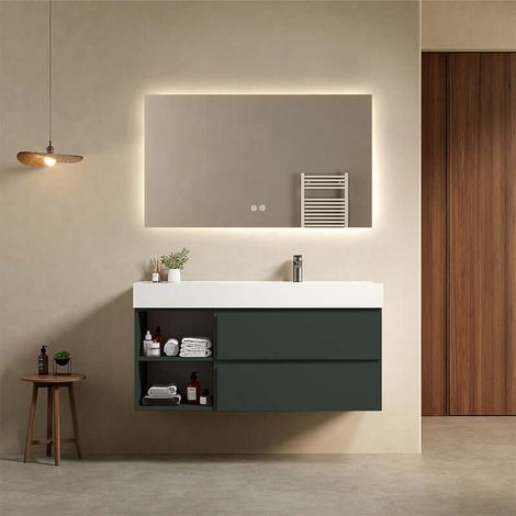 Mobile bagno sospeso 120 cm Verde Comodoro Lavabo a Destra in Resina Specchio Quadro Retroilluminato - Fiji Paint Plus (1/4)