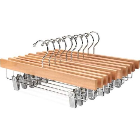 Cintres en bois pour pantalons, jeans et jupes, lot de 10, de luxe, avec pinces antidérapantes et crochet chromé rotatif à (1/5)