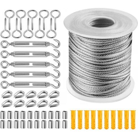 Kit de câbles en acier inoxydable 50 m, câble de 2 mm, treillis en acier gainé PVC, câble en acier avec œillets, tendeur de câble M5, tendeur en acier inoxydable pour étendoir à linge. (1/5)