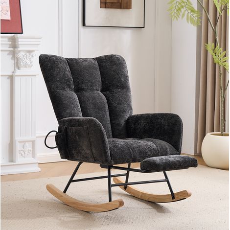 Fauteuil à bascule pour chambre et salon, dossier haut, rangement latéral, repose-pieds, chenille - noir (1/5)