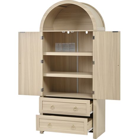 Credenza ad arco in MDF effetto rovere con ante in intreccio rattan, 2 cassetti e ganci laterali (1/5)