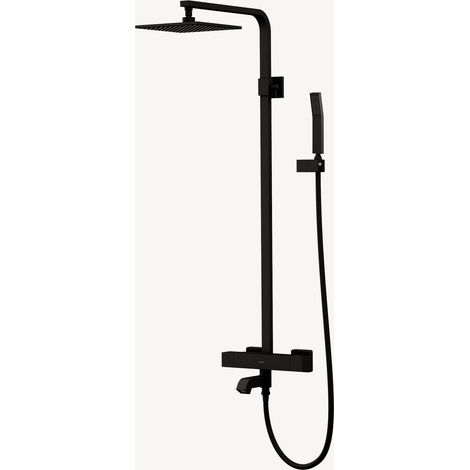 Kroos – Colonne de douche thermostatique noire – Pomme de douche pluie carrée 250 mm – Bec verseur intégré – Mitigeur céramique pour température constante
