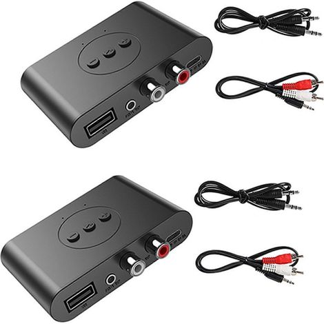 Deux récepteurs audio Bluetooth 5.2, adaptateur sans fil stéréo avec prise AUX RCA 3,5 mm et microphone, compatible avec les kits d'amplificateurs de haut-parleurs de voiture. (1/5)