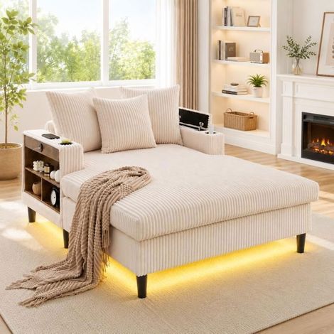 Petit Canapé 129x170x70cm Méridienne Velours Côtelé - Canapé 1 Place - Coffre, LED RGB, Port USB, 2 Porte-gobelets, Beige (1/5)