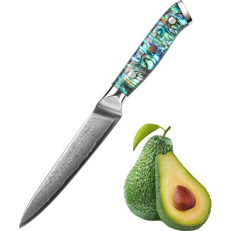 Cuchillo multiusos, acero de Damasco, mango ergonómico de abulón, verde 1 (1/2)