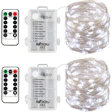 Guirlandes lumineuses à piles, fil argenté, 8 modes d'éclairage, 5 m (16 pi), 50 LED avec télécommande pour chambre, Noël, fête, décoration de mariage (blanc) (1/5)