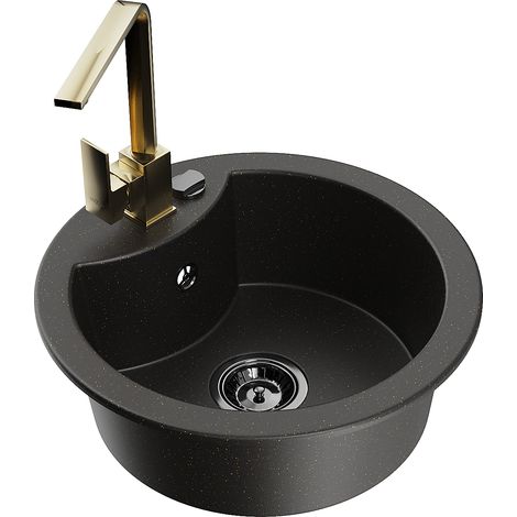 Mexen Diego Granitspüle mit 1 Becken und Küchenarmatur Rita, schwarz/gold metallic - 6512-75-670300-50-B (1/5)