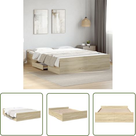 The Living Store Cadre de lit avec tiroirs sans matelas chêne sonoma 160x200 cm - Cadre De Lit - Lit Double - Lit Avec Tiroirs - Meuble De Chambre - Rangement Sous Lit (1/5)