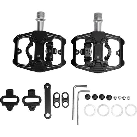 Pédale Vélo Double Fonction Plate et Clipless avec Crampons SPD, 3 Roulements Étanches pour VTT Noir (1/5)