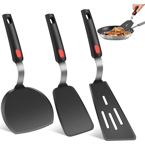 Set di 3 spatole da cucina, Axroad Mall, resistenti alle alte temperature, antiaderenti, antiruggine, anticorrosione, leggere, manico ergonomico, facili da pulire, appendibili, silicone/acciaio inossi (1/5)
