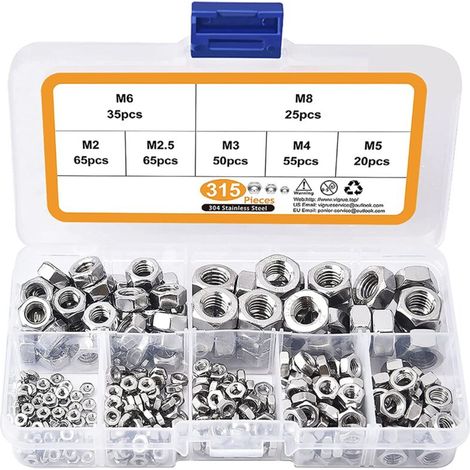SABIR 315PCS M2 M2.5 M3 M4 M5 M6 M8 Écrou de Blocage Assortiment Kit, Ecrous Hexagonal Verrouillage Anti-lâche en 304 Acier Inoxydable (1/5)