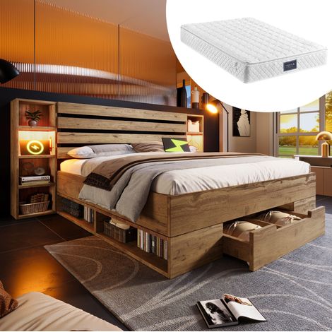 Lit 160x200 avec tiroirs LED USB-C chene matelas HAVRYA (1/5)