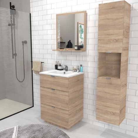 Waschtischunterschrank MARBELLA 60 cm + Waschbecken + Spiegel + Säule / Gebleichte Eiche/