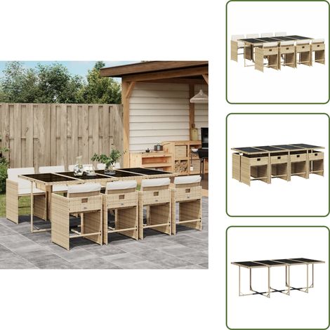 The Living Store Set da Pranzo da Giardino 9 pz con Cuscini Beige in Polyrattan - Sedie da giardino