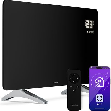 Klarstein Infrarotheizung 480W – Wandmontage & Standgerät, Thermostat, App-Steuerung, IP43, Glas-Design, Überhitzungsschutz, für Bad & Wohnzimmer, elektrische Wandheizung, Schwarz