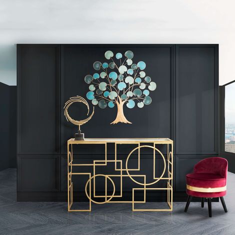 Consola Rankin, un estante, estructura de vidrio, estante transparente, 120x41x81h cm, color oro (1/5)