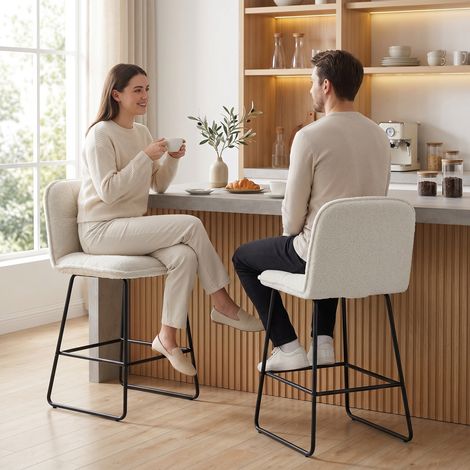 Lot 2 Tabourets Bar Tissu Bouclette Crème - Assise Extra-Large 66cm - Confort Maximal Cosy Design. (1/5)