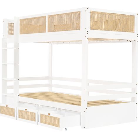 Litera infantil 90x200 cm blanca y natural con cajones, escalera y barandillas (1/5)