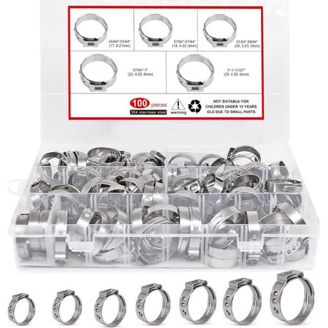 100 Stück Schlauchschellen mit einem Ohr, 5 Größen, 21–28,6 mm Edelstahl PEX Crimpring-Set, Sortiment an Schlauchschellen zum Befestigen von Rohren (1/5)