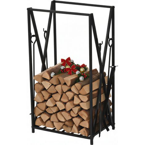 Porte bûches - Range bûches Serviteur de cheminée - Multi Accessoires étagère 46L x 30l x 76H cm Acier Noir (1/5)