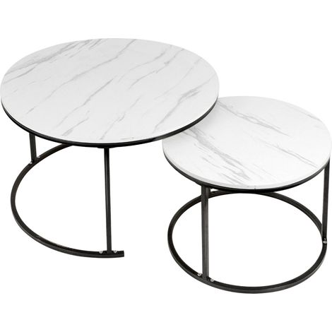 Table basse, table gigogne, Blanc, lot de 2, table d'appoint, Cadre noir, tables rondes avec motif en marbre, tables en bois, salon, chambre(60x60x45cm+40x40x38cm) (1/5)