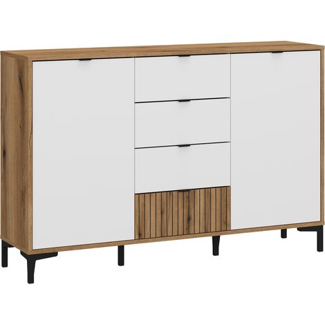 Sideboard Eiche mit weiß und Lamellenoptik 135 cm breit RISBY-129 (1/5)