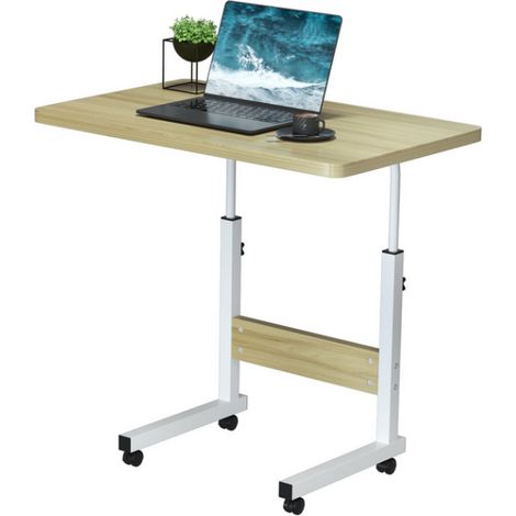 Haloyo® Table pour ordinateur à roulettes, Table de Lit, Bureau assis debout Haut Réglable, pour Ordinateur, Café, 60x40x69-90cm, Couleur du bois (1/5)