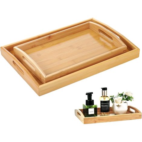 Fentar Lot De 2 Plateau De Service Repas, Plateau Bois en Bambou Empilables avec Poignées, Petit Plateaux Rectangulaire pour Cuisine, Salon, Bar, Présentation, Traiteur (40 X 28 Cm & 33 X 22 Cm) (1/5)