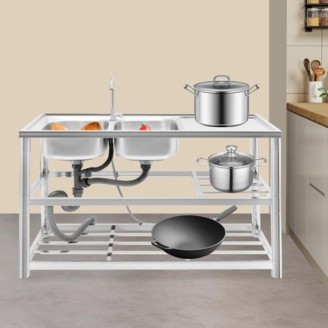 Évier inox, avec robinet autoportant pour cuisine Évier de Cuisine Autonome en Acier Inoxydable avec 2 Bacs et Robinet à 360 °, 3 Niveaux, Capacité de Charge de 100 kg, Pour Restaurant, Camping, Extér (1/5)