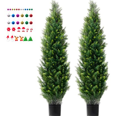 Mophorn Topiario de cedro artificial de 60 pulgadas, 2 piezas. Planta de pino ciprés artificial de hoja perenne con hojas adicionales y maceta. Juego de vegetación artificial con clasificación UV para