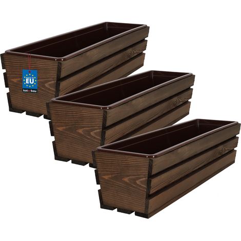 KOTARBAU® Lot de 3 Jardiniere Extérieur - Bac à Fleurs - avec Insert Plastique - Jardiniere Rectangulaire - 60x18x15 cm - pour Terrasse - Jardin - Décoration Extérieure - Marron (1/4)