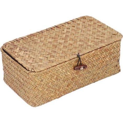 Lntyq Paniers de rangement rectangulaires en osier avec couvercle, en jonc de mer tissé à la main pour étagères, bureau, maison (naturel, taille S) (1/5)