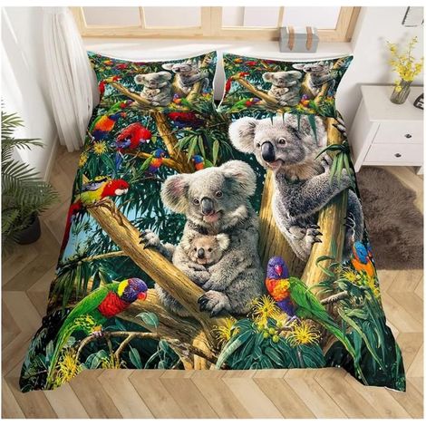 Koala Print Housse de Couette Animaux Mignons Parure de Lit 240x260cm Kawaii 3D Animaux Oiseaux Ensembles Housse de Couette - L3T (1/4)